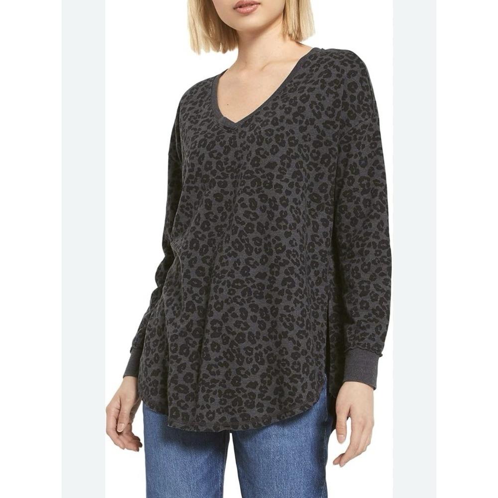 Z Supply V-Neck Weekender Top Black Gray Leopard Print Comfy Sweater Size Large - Picture 1 of 9